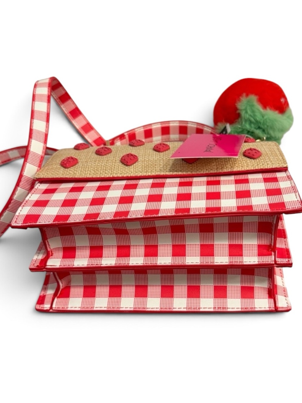 BETSEY Johnson strawberry gingham straw Crossbody bag NWT Red white picnic - Picture 9 of 13